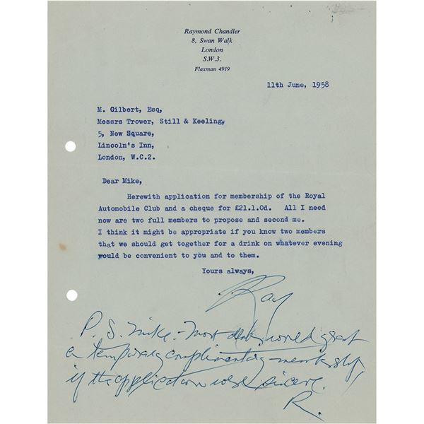 Raymond Chandler Typed Letter Signed