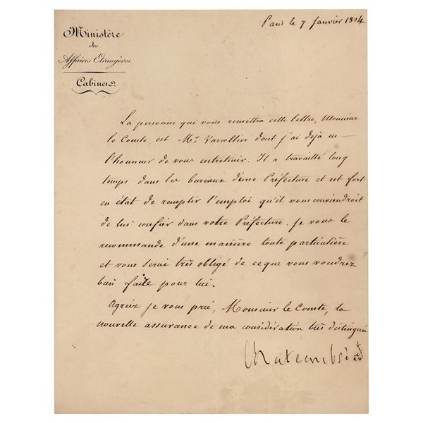 Francois Rene de Chateaubriand Letter Signed