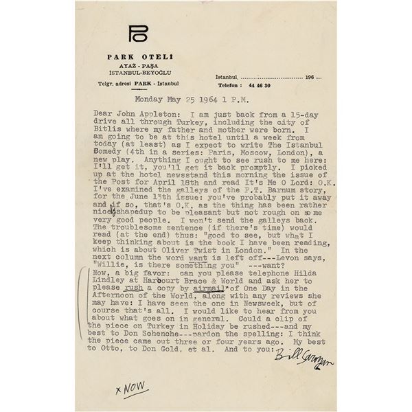 William Saroyan Typed Letter Signed