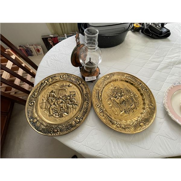2 English Brass Hammered Plates & Copper Color Lantern