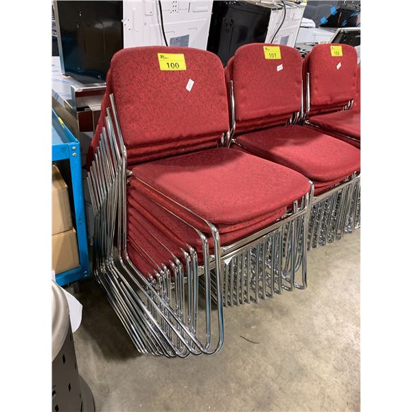 STACK OF 12 RED PATTERNED PADDED METAL FRAMED STACKING EVENT CHAIRS