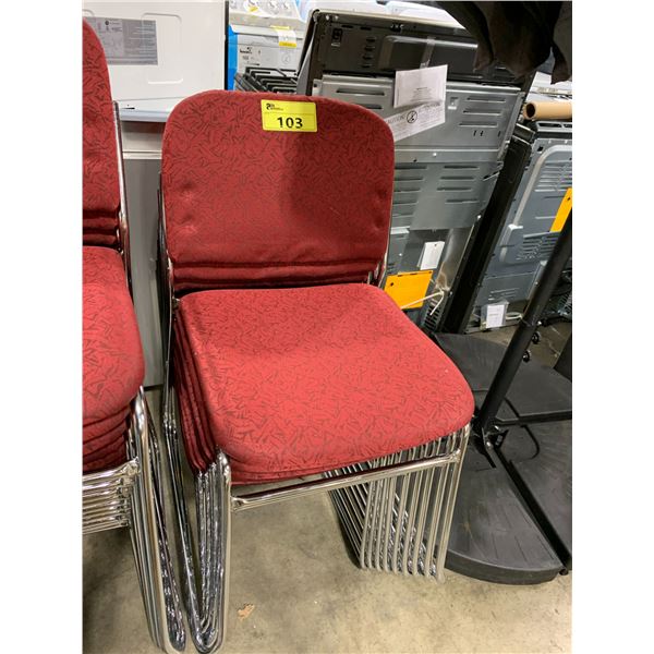 STACK OF 9 RED PATTERNED PADDED METAL FRAMED STACKING EVENT CHAIRS