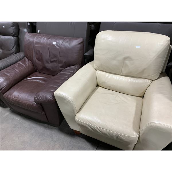 BROWN LEATHER LOOK OVERSTUFFED ARMCHAIR &  CREAM LEATHER LOOK OVERSTUFFED RECLINING ARMCHAIR