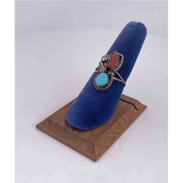 Navajo Turquoise and Coral Sterling Silver Ring