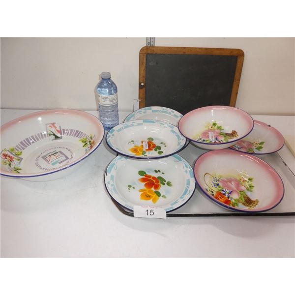 Enamel Dishware plates & bowls, chalkboard, tray