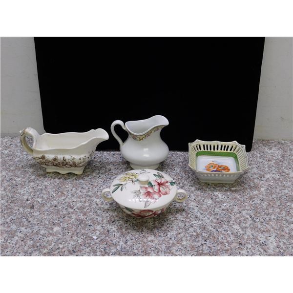 Lot of Antique Bowls, Dishes, Gravy Boat, Small Pitcher JHW Sons England, Sugar Bowl, Candy Dish