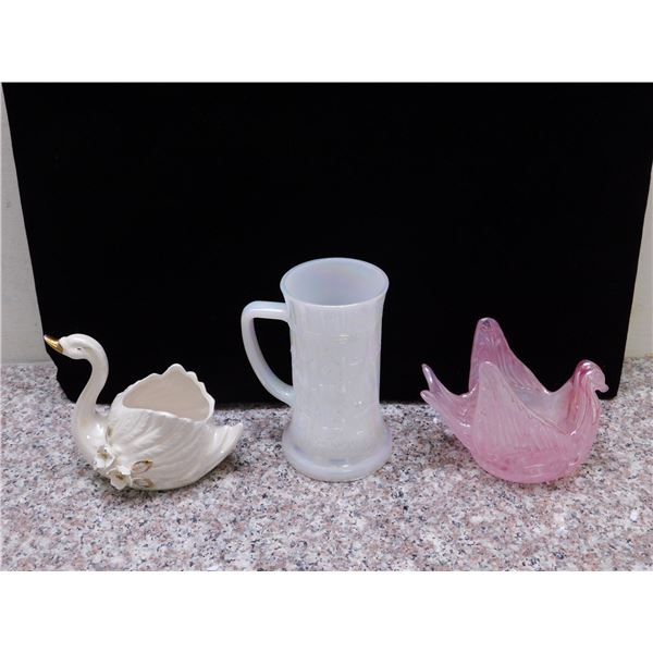 Lot of Vintage Iridescent Milk Glass Stein Mug, Pink Glass Candy Dish, Mother of Pearl Glass Swan