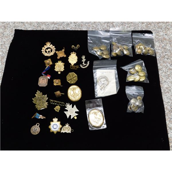 55 Pcs Hat and Collar Badges, Buttons, Etc Mostly Military Related