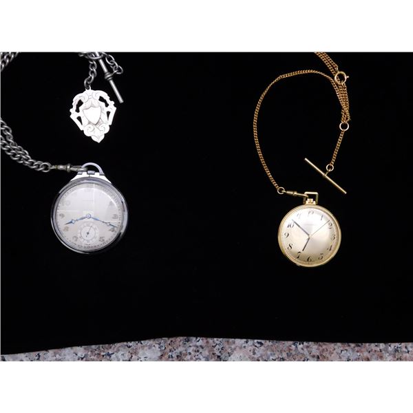 2 Working Pocket Watches Moulton Caravelle & Chains Art Deco Style,