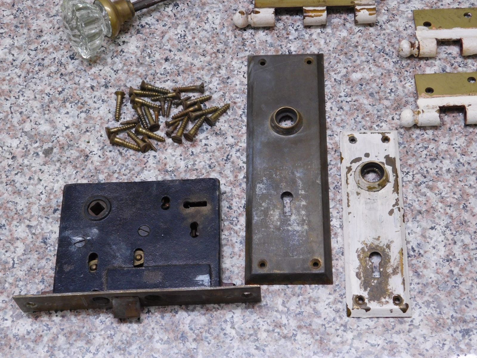 Antique Peterboro Brass Lock Set, with 2 Faceplates, single glass ...
