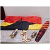 Image 1 : Lot of 4 Assorted Wooden Decorative Pieces and Spanish Bull Flag
