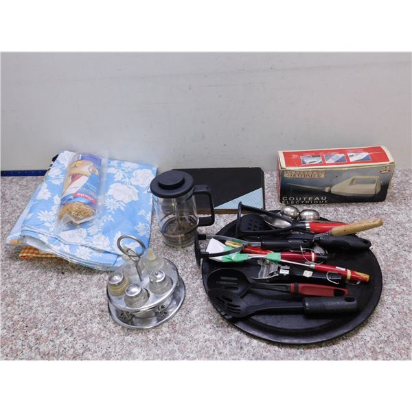 Lot of Kitchenware, Electric Knife, Utensils, Placemats, French Press, Cruet Set, Etc