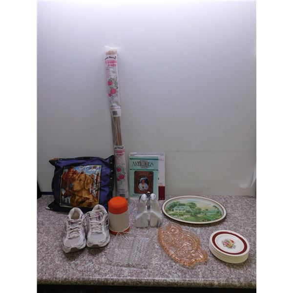 END OF THE RUN KNICK KNACKS, Tea Saucers, Johnson Bros, Glass Serving Trays, Thermos, Pillows, Etc