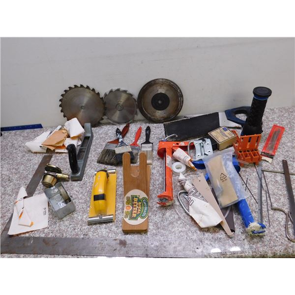 Lot of Misc Hand Tools, Paint Brush, Caulking Gun, Blade, Stanley Carpenter Square, Hardware, Etc