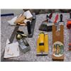 Image 4 : Lot of Misc Hand Tools, Paint Brush, Caulking Gun, Blade, Stanley Carpenter Square, Hardware, Etc