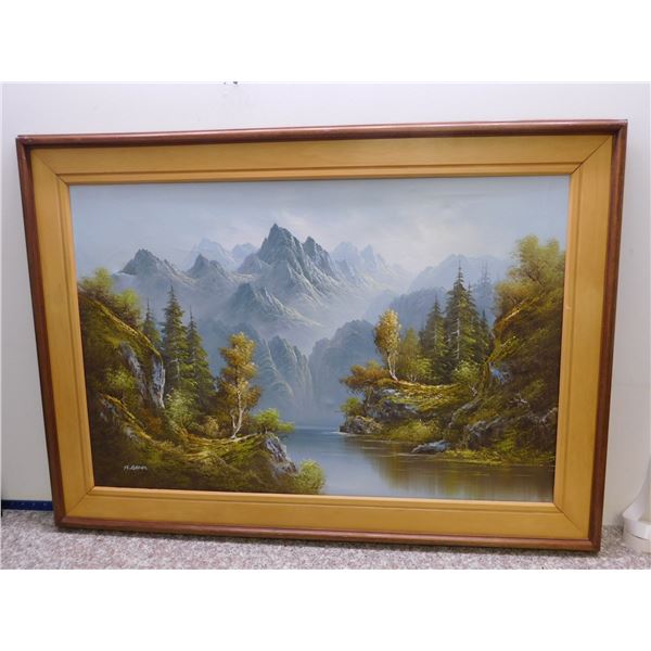 Large Landscape Painting Oil on Canvas, Lake and Mountains, Framed. Signed R. Boden