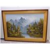 Image 1 : Large Landscape Painting Oil on Canvas, Lake and Mountains, Framed. Signed R. Boden