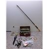 Image 1 : Lot of Assorted Fishing Lures, Supplies, Tackle Box, Proton Rod and Outback Fishing Reel, Knife, Etc