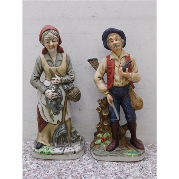 Lot of 2 Porcelain Old Man With Pipe and Old Lady With Fish Figurines