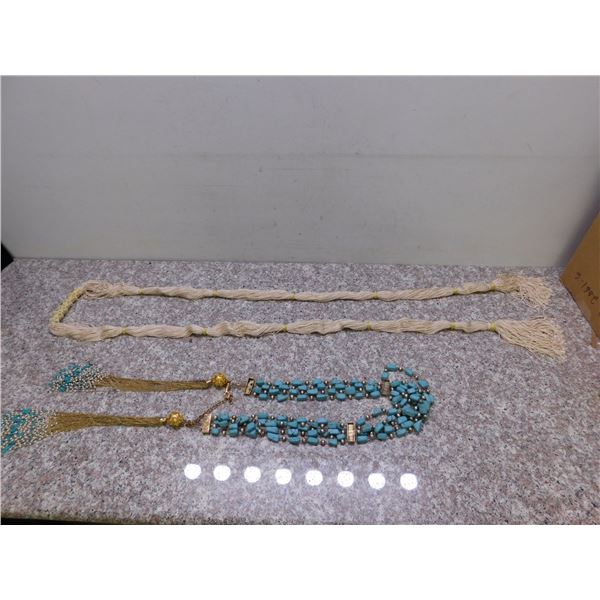 Lot of 2 Turquoise Long Layered Necklace Wrap Indian? and White Braided Rope Drapery Piece