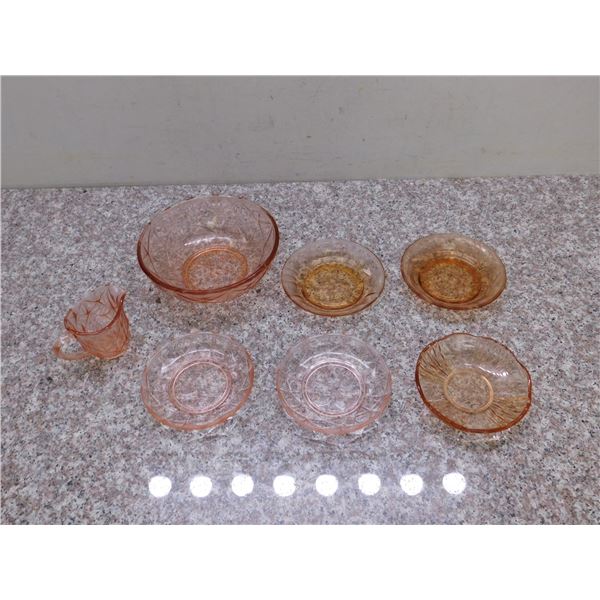 Lot of 7 Vintage Pink Peach Depression Glass Strawberry Design