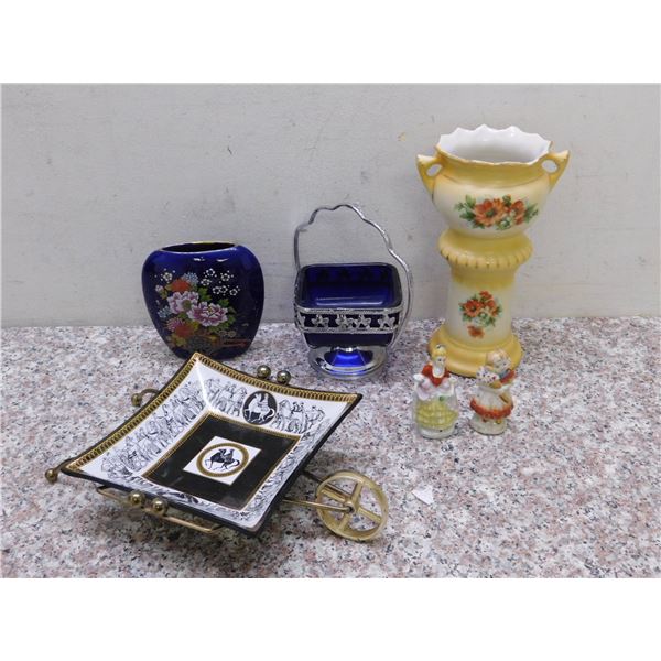 Lot of 6 Fine China Pieces 2 Small Figurines Made in Occupied Japan, Vase, Cobalt, Lady Angela