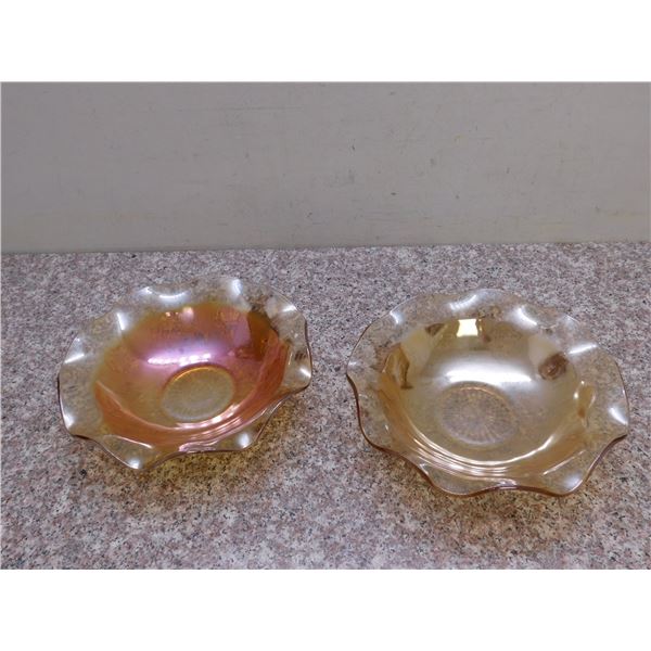 Lot of 2 Depression Glass Serving / Fruit Bowls Pearlescent Pink Orange, Peach Colour