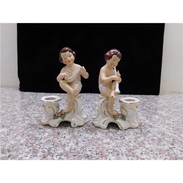 Lot of 2 Porcelain Candle Holders Dresden Made in Germany Mold #2004 Playing Instruments Musicians