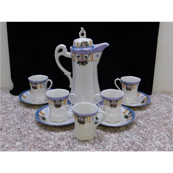 Lot of 10 pcs Made in Japan Pearlescent Coffee Pot + Cups and Saucers Blue Gold Stripes Floral china