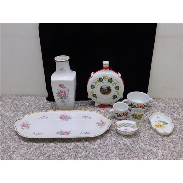 Lot of 8 Made in Hungary Decanter and Cups Set, Vase, Herend Trinket Trays