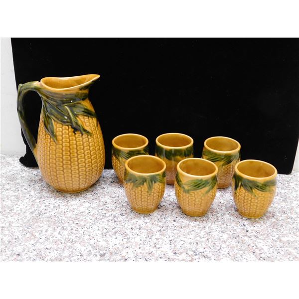 Vintage 1960s Hungarian Majolica Corn Cob Stalk Jug Juice Pitcher and 6 Cups