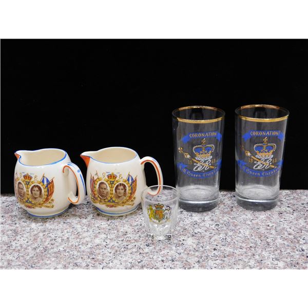 Lot of 5 Royal Coronation Queen Elizabeth Glasses, Creamers Jugs and Shot Glass