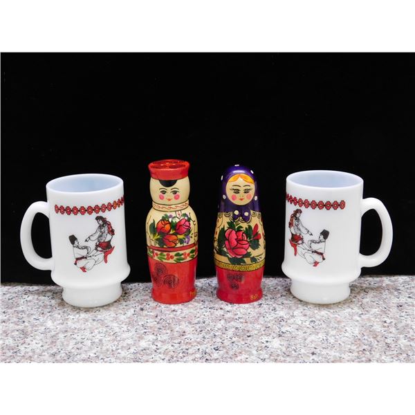 Lot of 4 Russian Milk Glass Mugs and Russian Doll Salt and Pepper Shakers