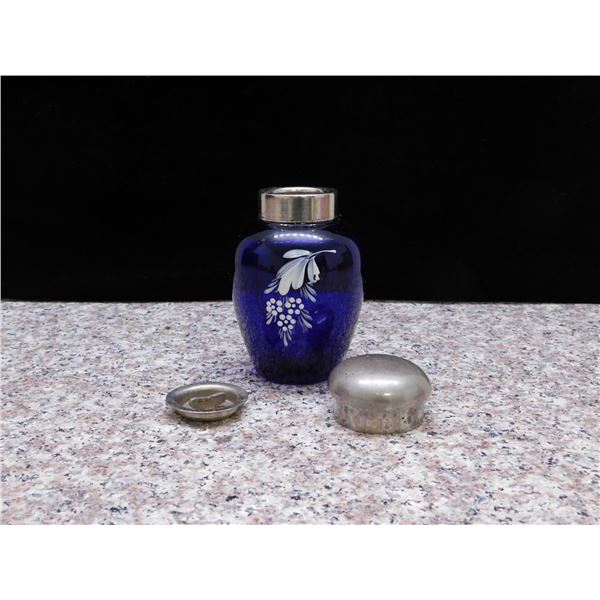 Cobalt Blue Antique Signed Handpainted Floral Dresser Jar, Perfume Powder Etc