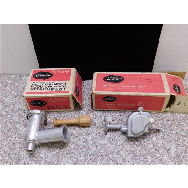 Lot of 2 Vintage Kitchen Sunbeam Mix Master Power Transfer Unit and Meat Grinder With Boxes