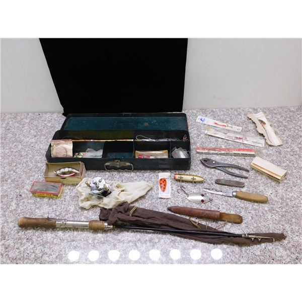 Lot of Vintage Fishing Tackle Box + Supplies, Rod, Reel, Lures, Knife