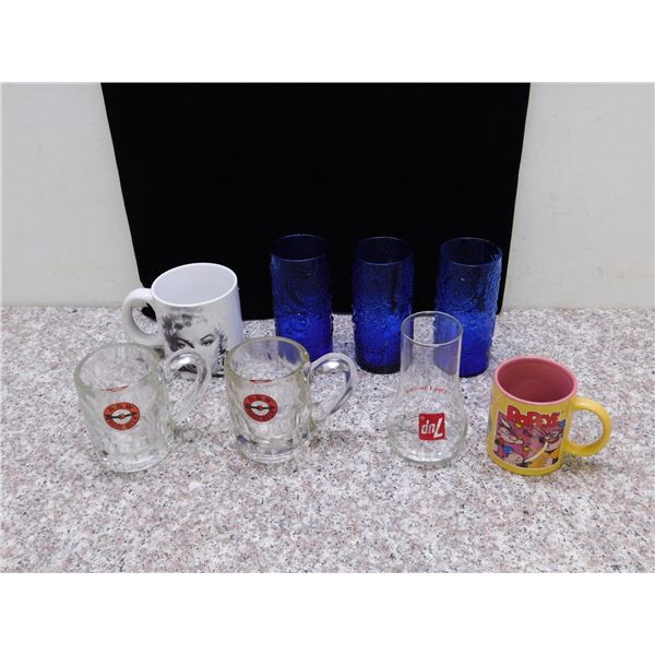 Lot of Advertising & Cartoon Mugs, Cobalt Tall Glasses, A&W Bullseye Logo Ear Handle, 7-Up