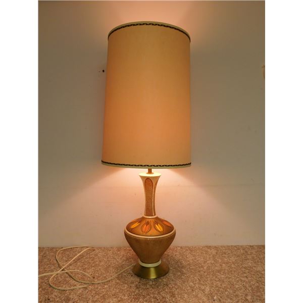 Vintage Pottery Lamp With Fabric Shade Orange Brown