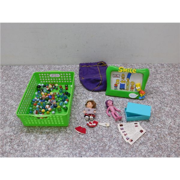 Battlestar Galactica, Simpsons Picture Frame, Marbles Seagrams Bag, Viewmaster, Doll