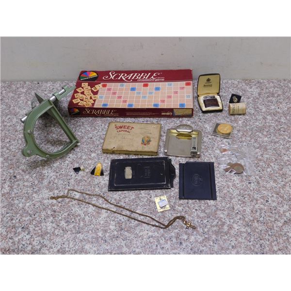 Knick Knack Pile Scrabble Board Game, Coins, Lighter, Cigarette Tin, Schick Injector, Etc