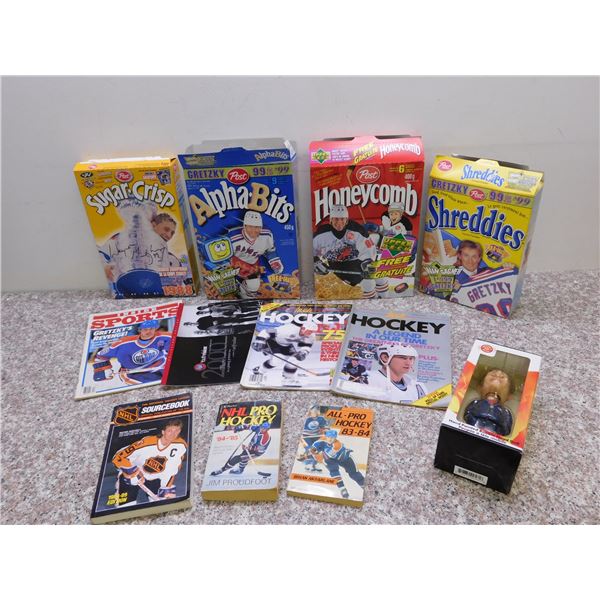 Gretzky Lot – 2002 Team Canada Bobblehead, 4 Cereal Boxes, 4 magazines with Gretzky Covers +