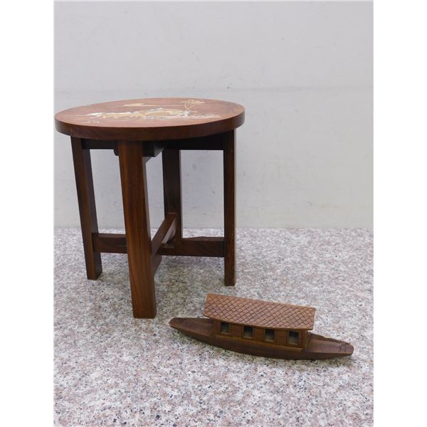 Lot of 2 Vintage Inlay Wooden Folding Stool and Folk Art Wooden Boat