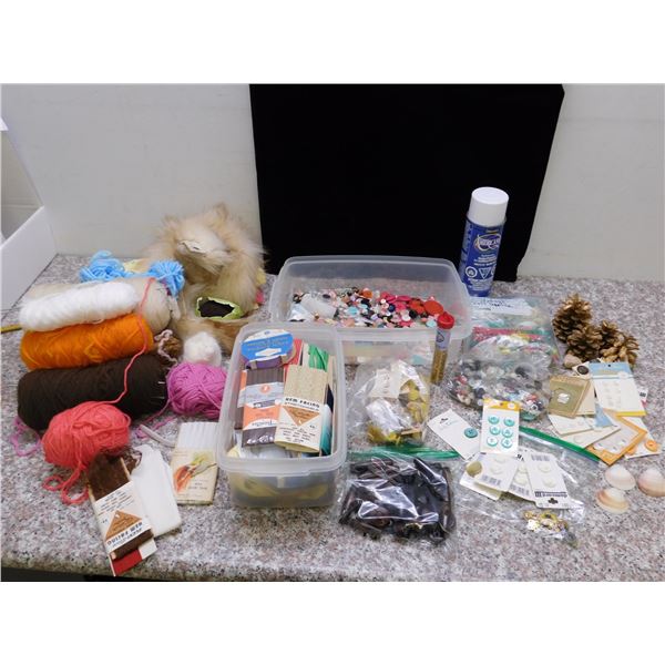CRAFT SUPPLIES Lot Buttons Lace Zippers Yarn Shells Pine Cones Beads Ribbons Etc