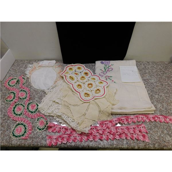 Lot of Vintage Hand Embroidered Linen Tablecloths and Doilies