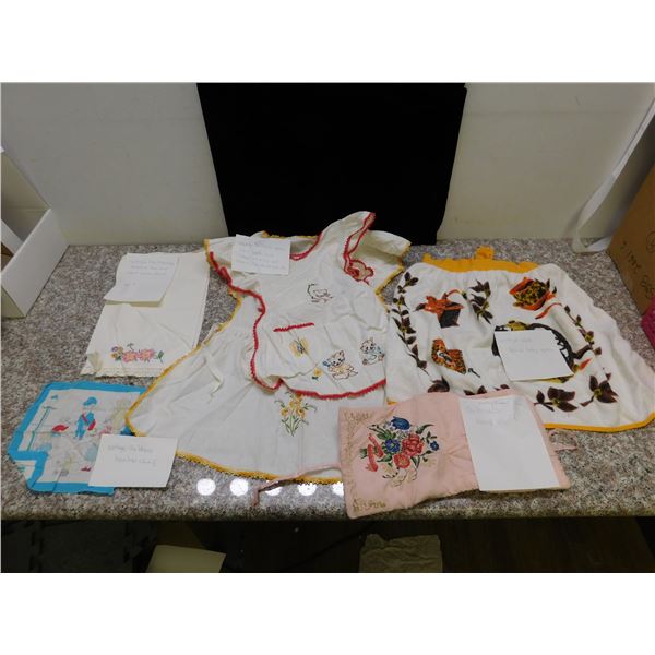 Lot of 6 Vintage Linen Handmade Hand Sewn Children's Apron, Waist Apron, Handkerchief, Dollhouse