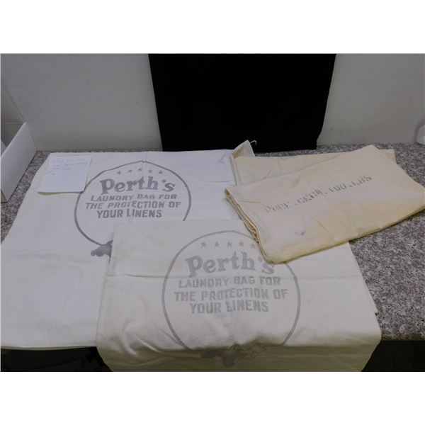 Lot of 3 Vintage Perth's Laundry Bag for Linens and 100lb Flour Sack Bags Linen