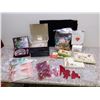 Image 1 : Lot of Assorted Festive Holiday Items Cards, Bows, Serving Bowl, Crystal Wine Set, Baubles, Cookie