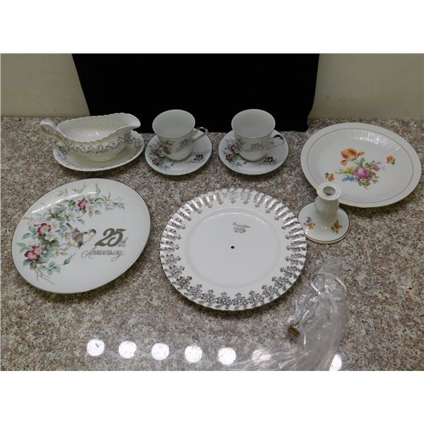 Lot of 6 25th Anniversary China Cup and Saucer, Gravy Boat, Server and Cake Server