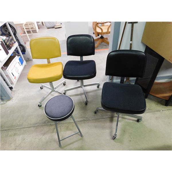 Lot of 4 Vintage Quality Office Chairs Wilsons 1 Mustard 3 Black and 1 Portable Folding Chair