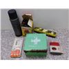 Image 1 : Lot of 6 Vintage Travel Survival Kit CN Rail Brush, Tripod, First Aid, Thermos, Revolving Signal, +